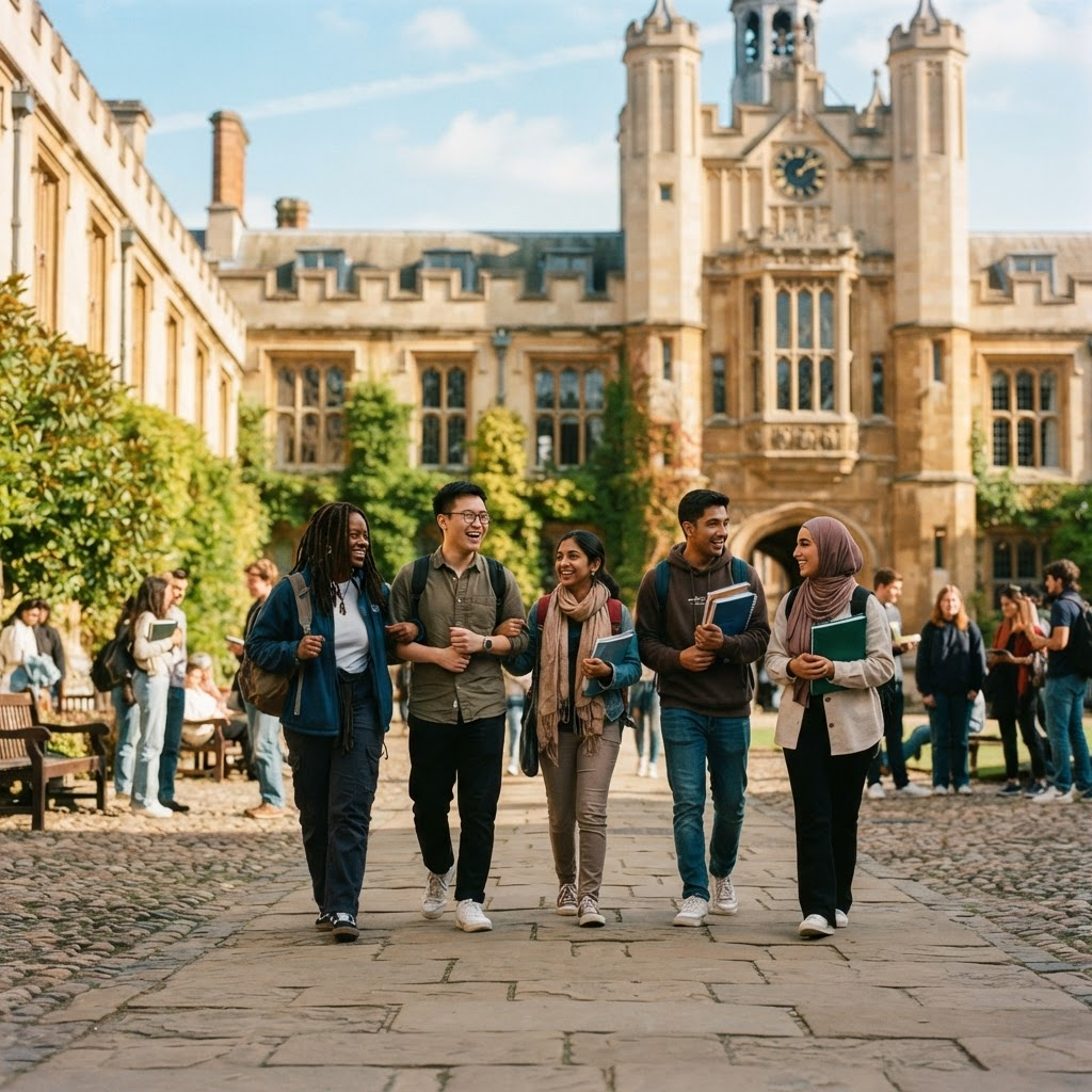 International students walking together across a university campus